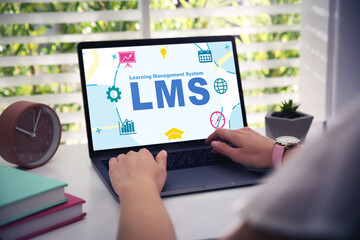Learning management system. Woman working with modern laptop at table, closeup. Different icons and...