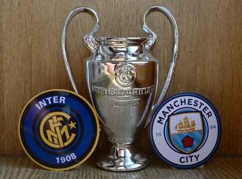 May 27, 2023, Moscow, Russia. Emblems of football clubs - finalists of the UEFA Champions League Manchester City and Inter Milan.