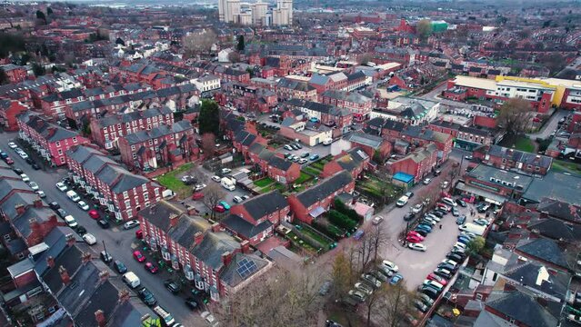 aerial panorama of Wollaton district on a winter sunny day, Nottingham, England. High quality 4k footage