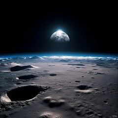 Viewed from the moon Foreground: Lunar landscape with craters and rock formations Background