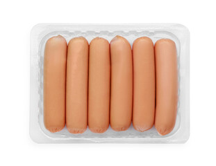 Plastic container with sausages isolated on white, top view. Meat product