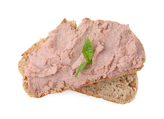 Delicious liverwurst sandwich with basil isolated on white, top view
