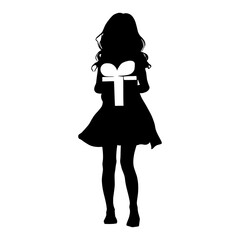 Vector illustration. Drawing of a girl with a gift in her hands. A girl in a dress.