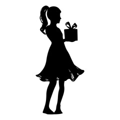 Vector illustration. Drawing of a girl with a gift in her hands. A girl in a dress.