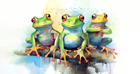 Tree Frog Watercolor Print of Colorful Tree Frog, Groups for International Tree Frog Day.  Generative AI.