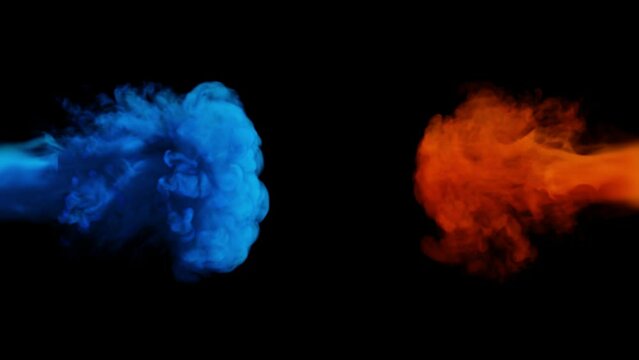 Puffs of red and blue smoke collide against a black background. 3d illustration. 