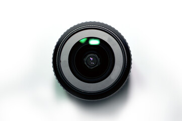 Close up of slr camera lens over white  background