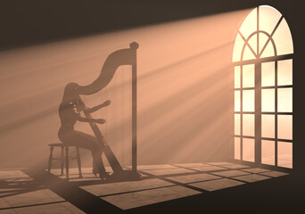 A woman playing harp in the light