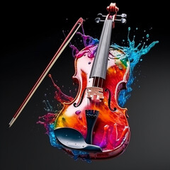 Violin Splashed In Colorful Paint On Simple Background