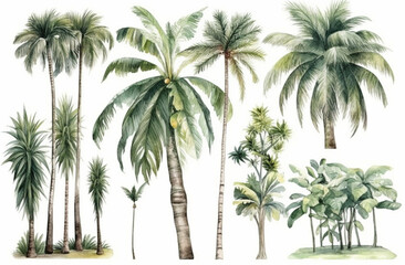 Watercolor Tropical Palm Trees Illustration on White Background
