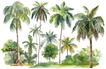 Fototapeta na wymiar Watercolor Tropical Palm Trees Illustration on White Background