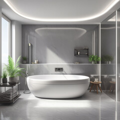 Naklejka na ściany i meble Modern Bathroom Design In White And Grey With Plants