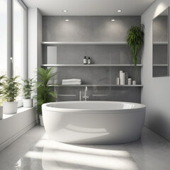 Fototapeta na wymiar Modern Bathroom Design In White And Grey With Plants