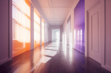 Empty wall in a bright room, building construction. A blurred image of a white hall with bright sun lights. Lit up modern hallway. Realistic 3D illustration. Generative AI