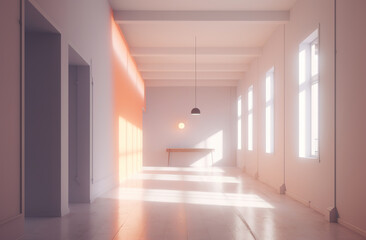 Empty wall in a bright room, building construction. A blurred image of a white hall with bright sun lights. Lit up modern hallway. Realistic 3D illustration. Generative AI
