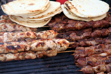 Chicken and Beef Kabobs on Grill