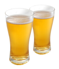 Three glasses of beer against white background
