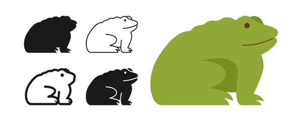 Fototapeta premium Frog wild reptile cartoon style set. Tropical exotic toad side view symbol line doodle, silhouette childish collection. Little wild amphibian aquatic character icon abstract graphic cute vector