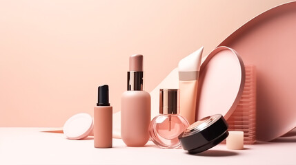 Makeup cosmetics, foundation, lipstick, highlighter, blush, eye shadow, in various jars, tubes and packages, beige background Generative AI
