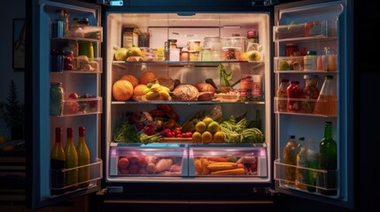 a photo of a fridge filled with food, drinks, juice and other groceries. Generative AI