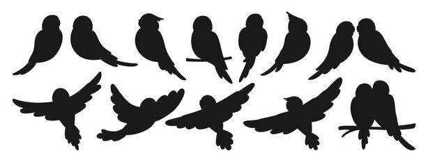 Parrot tropical silhouette set. Summer wild exotic sitting and flying bird collection. Wildlife jungle Hawaiian cute parrots, funny pretty parakeet characters hand drawn shape vector illustration