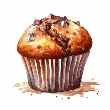 Chocolate Muffin or Cupcake Watercolor-Style Illustration [Generative AI]
