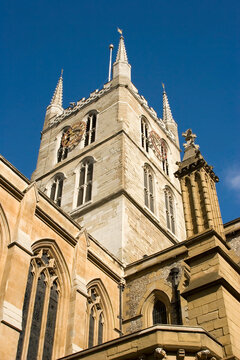 A view of Southwark Cathedral from Borough Market in London