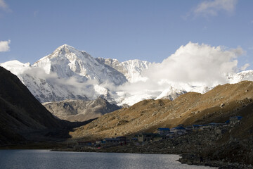 The mountain summer village of Gokyo with the world 6th tallest peak, Cho Oyu in the background.