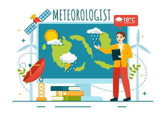 Meteorologist Vector Illustration with Weather Forecast and Atmospheric Precipitation Map in Flat Cartoon Hand Drawn Landing Page Templates - obrazy, fototapety, plakaty