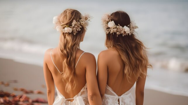 Lesbian brides, sensual wedding picture from behind