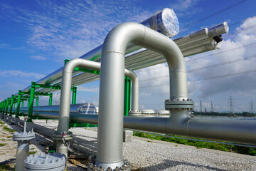 Pipeline on green color pipe rack in oil and gas plant.
