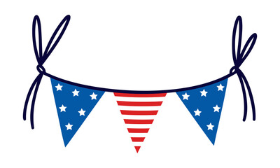 Obraz premium Garland for July 4th Independence Day of America. USA triangular flag with stars, stripes. Holiday decoration hanging on a rope. Patriotic sign isolated on white. Cartoon clipart for print, party, web