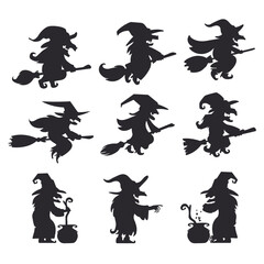 silhouette of an old witch riding a flying broomstick The witch concocted poison in the devil's cauldron.
