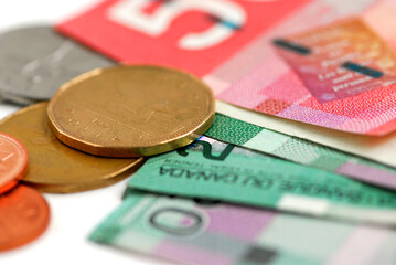 Canadian bills and coins closeup