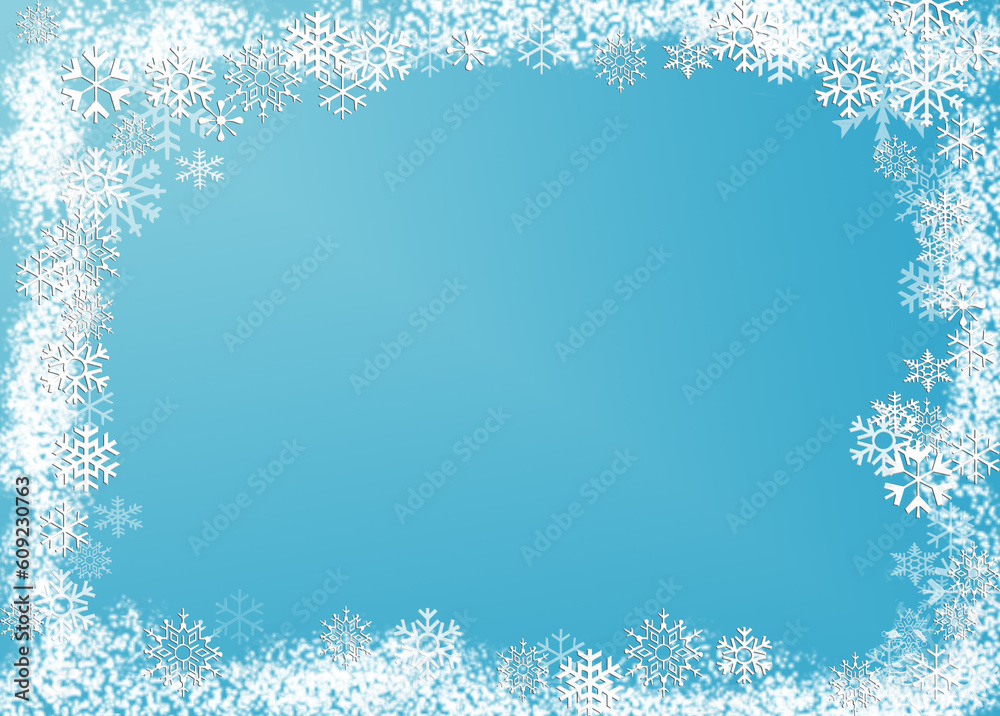 Poster Abstract with white snow flakes against blue background