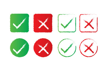 Vector check mark and cross in crayon style, accept reject and approve icon set