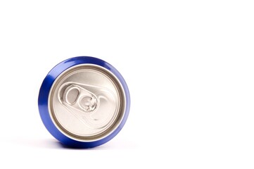 view of can of soda, isolated on white background