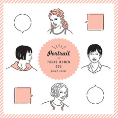 若い女性の線画表情セット（カラー）