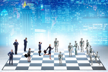 Obraz premium Concept of chess played by humans versus robots