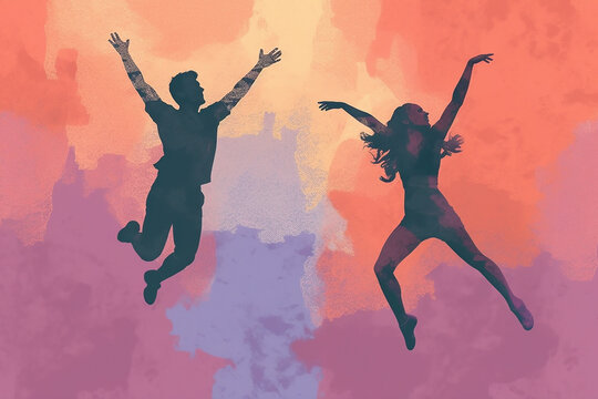 Silhouettes Of Two People Jumping For Joy Against A Multi Coloured Background.  Generative AI.