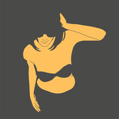 Illustration of a beautiful fashion model posing in a stylish swimsuit. Young attractive woman in bikini touch her head. Top view