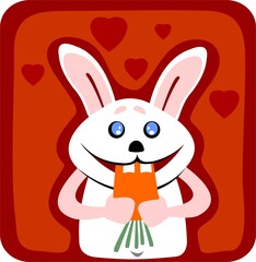 The rabbit with carrot on a red background with hearts. Illustration for Valentine's Day.