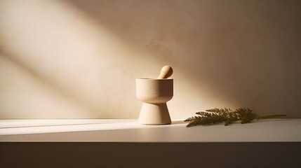 Mortar and pestle on a minimalist bench