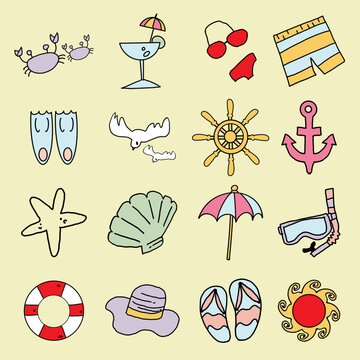 The Beach icon cartoon style bundle set vector image