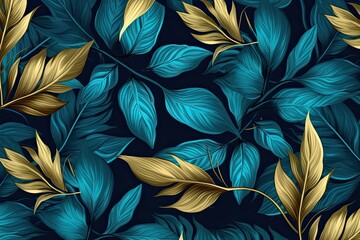 Abstract Background In Blue Color With Golden Tropical Leaves