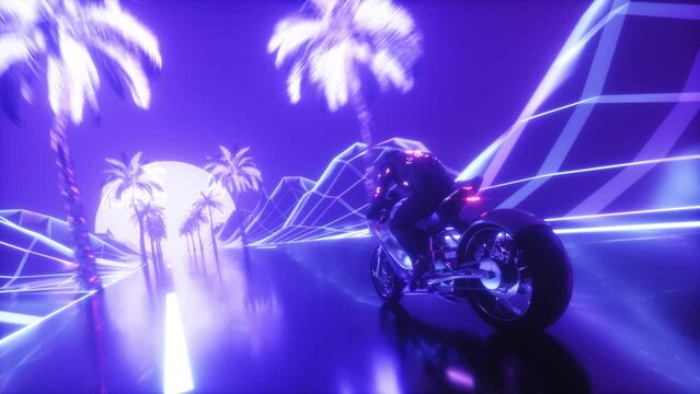 Sci-Fi Biker riding synthwave backdrop