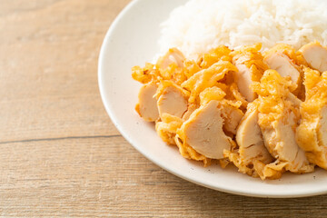 fried chicken topped rice with dipping sauce