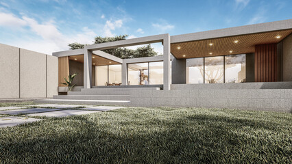 Obraz premium Architecture 3d rendering illustration of minimal modern house with natural landscape