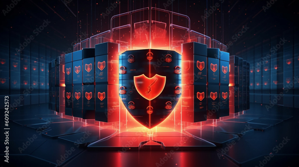 Poster the virtual shield surrounding a network server, emphasizing the importance of firewalls and intrusi
