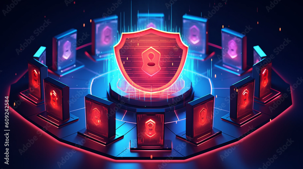 Poster a virtual shield surrounding a network server, emphasizing the importance of firewalls and intrusion